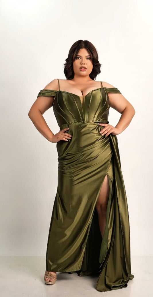 Vestido Verde Olivo Manga Caída Y Tirantes Banda