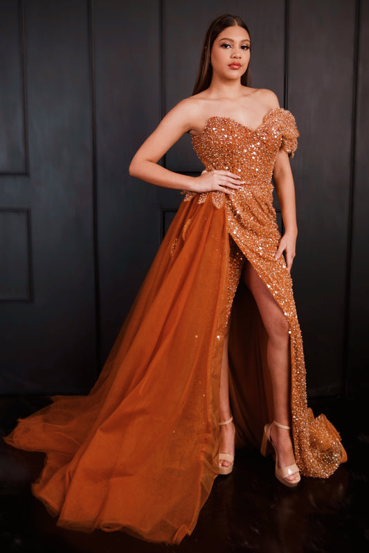 Vestido Terracota con Piedras una manga y estola con Velo