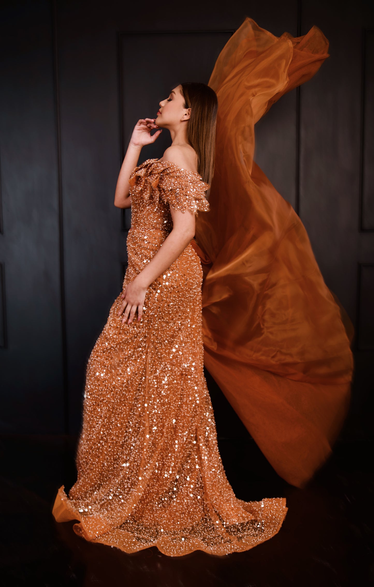 Vestido Terracota con Piedras una manga y estola con Velo