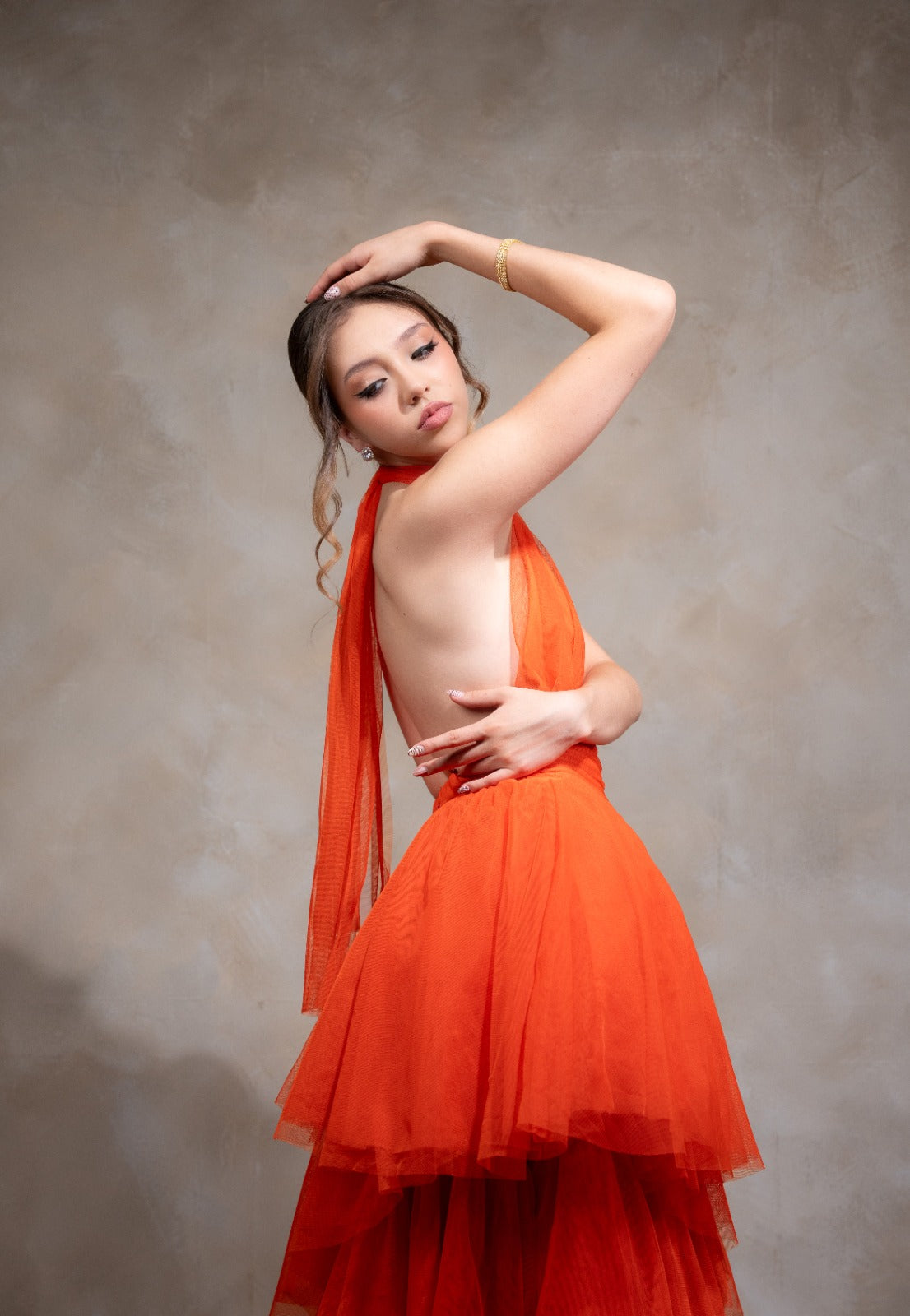 Naranja De Tul Cuello Halter Espalda Descubierta