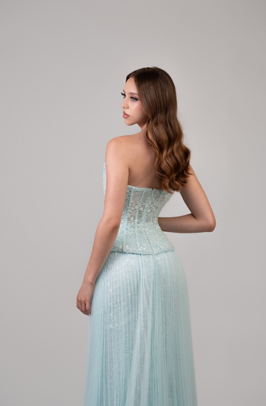 Azul Cielo Corset Detalle De Perlas Blancas