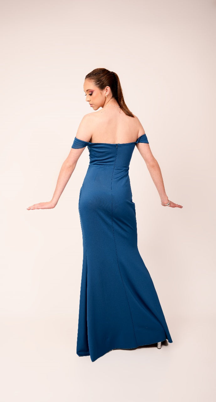 Vestido Azul Petroleo Corset De Zipper Mangas Caidas