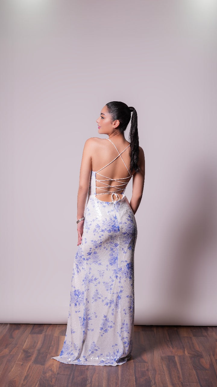 Vestido Blanco con estampado azul de corset