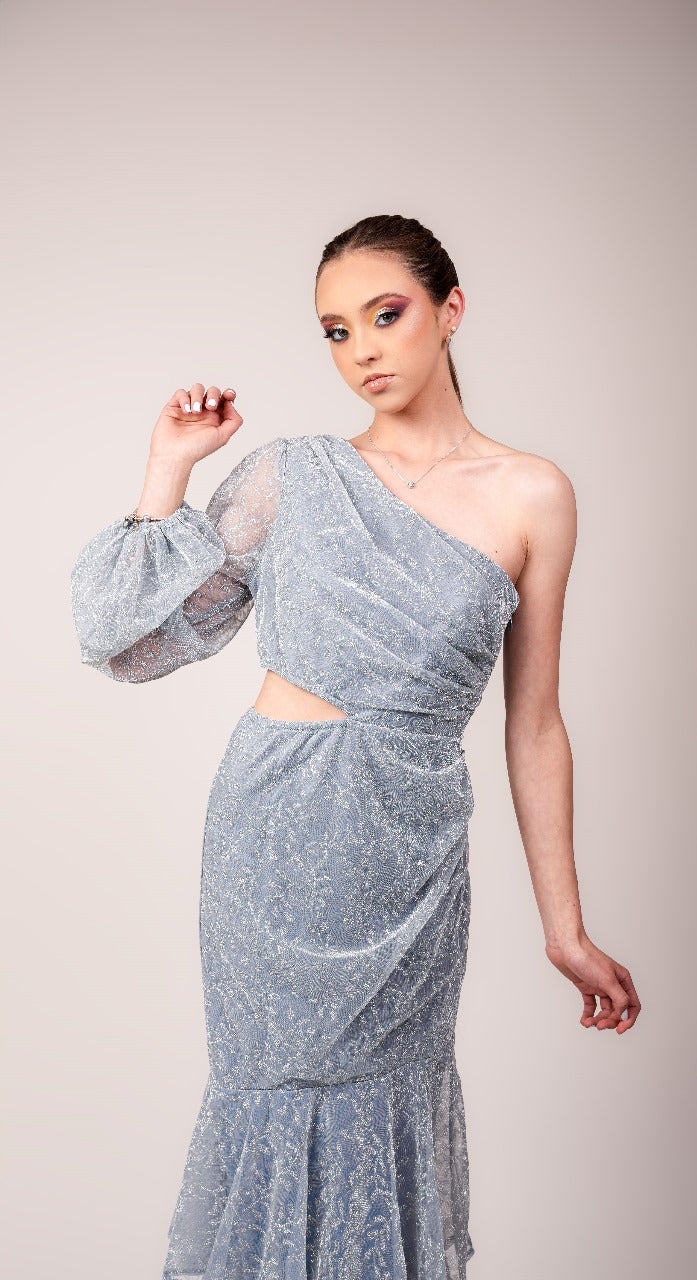 Vestido Azul Cielo Una Manga Olanes