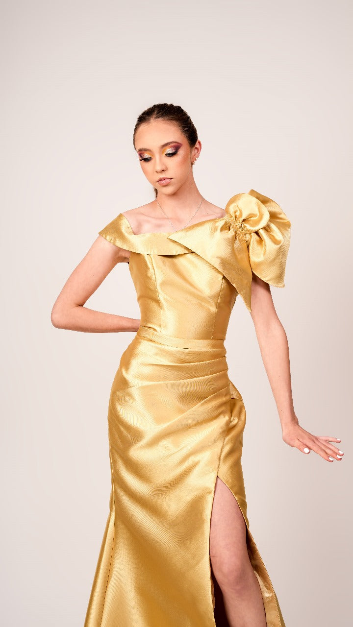 Vestido Amarillo Mostaza Moño En Tirante Grapeado