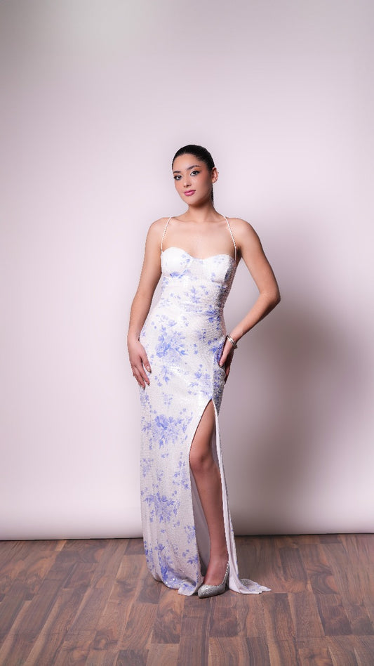 Vestido Blanco con estampado azul de corset