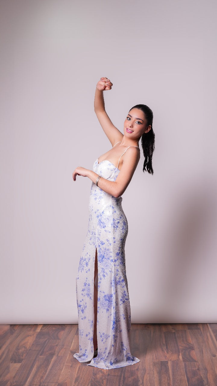 Vestido Blanco con estampado azul de corset