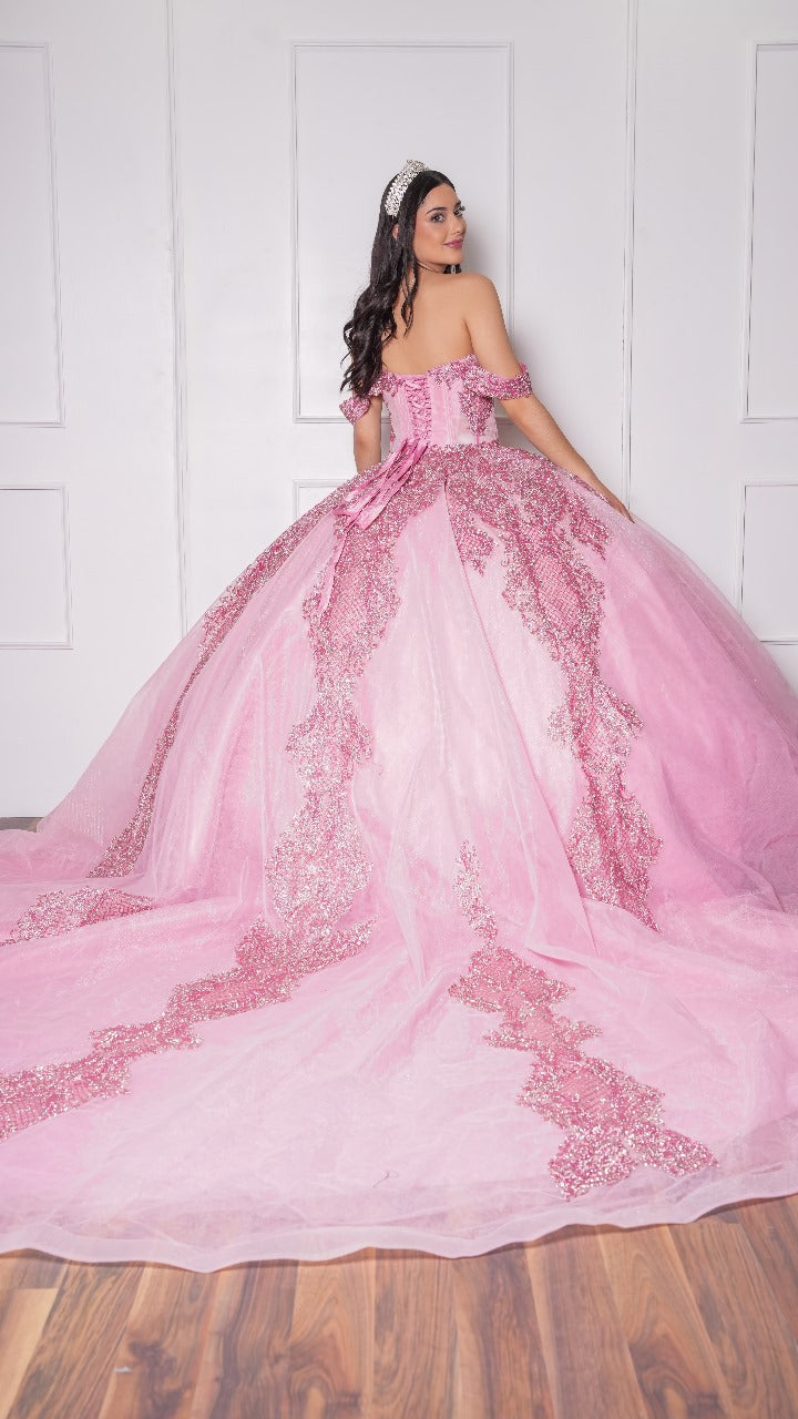 Vestido de XV años Rosa Pastel de Glitter y Mangas Campesinas
