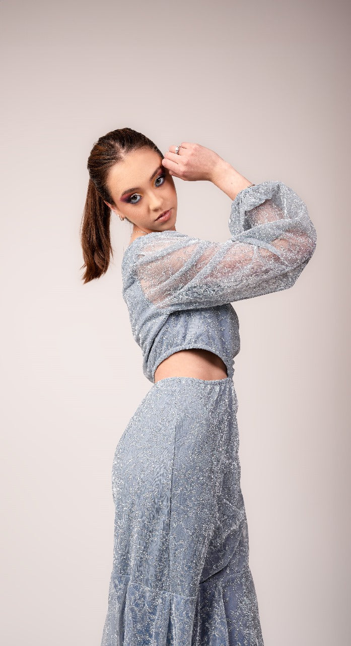 Vestido Azul Cielo Una Manga Olanes