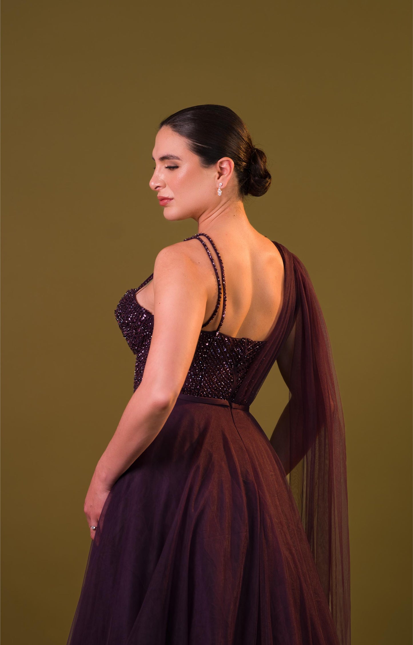 Morado Corte Princesa Brillos En Corset Manga De Tull