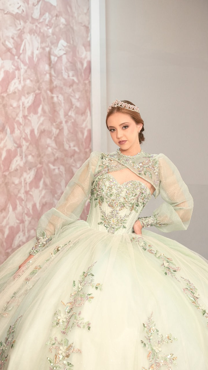 Vestido XV Verde Pistache Pedreria De Colores Con Manga Larga