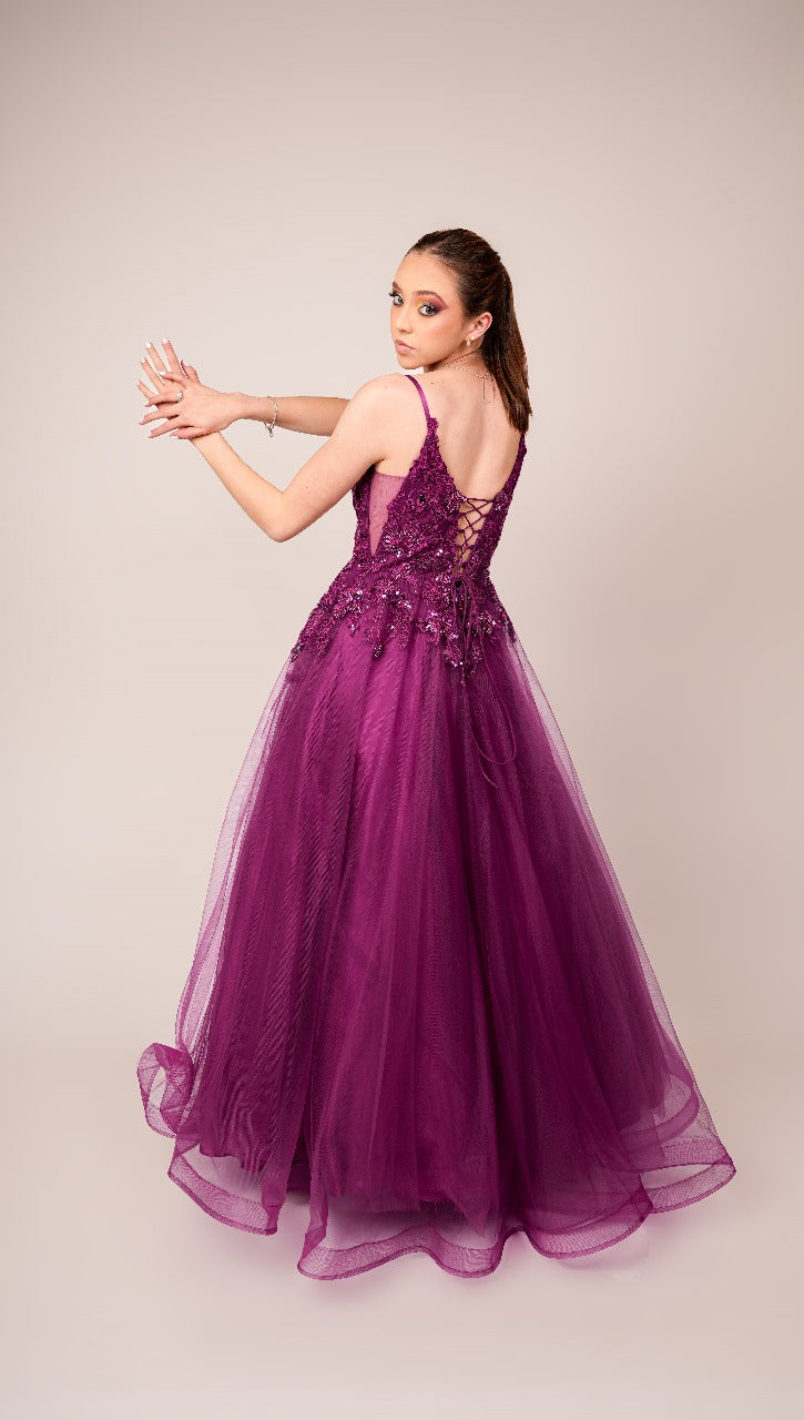 Vestido Morado Corte Princesa de Corset con Estampado