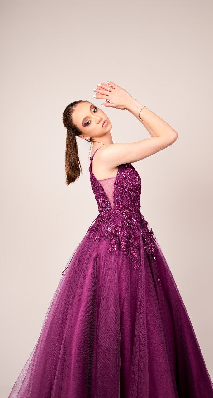 Vestido Morado Corte Princesa de Corset con Estampado