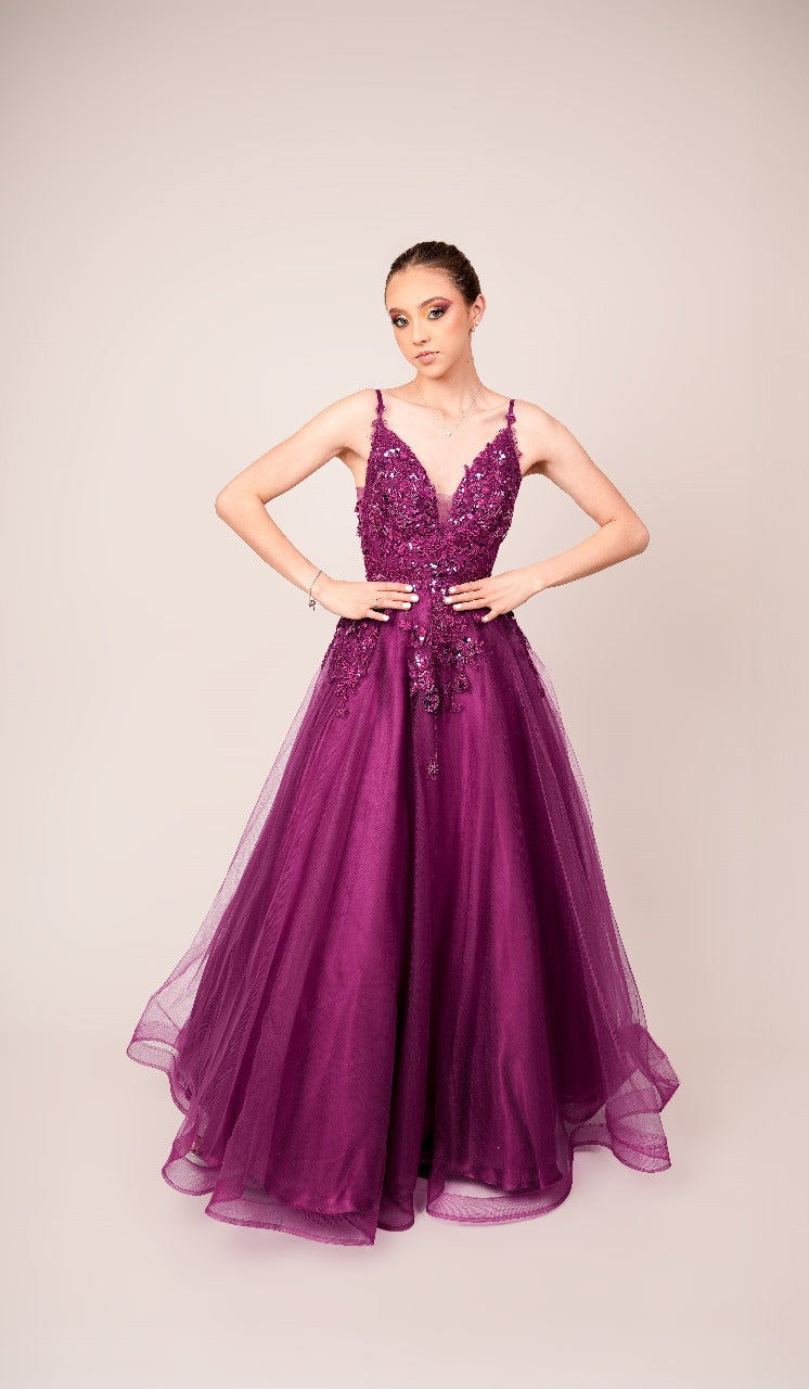 Vestido Morado Corte Princesa de Corset con Estampado