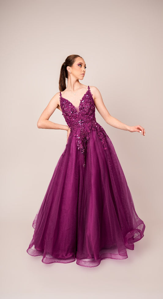 Vestido Morado Corte Princesa de Corset con Estampado