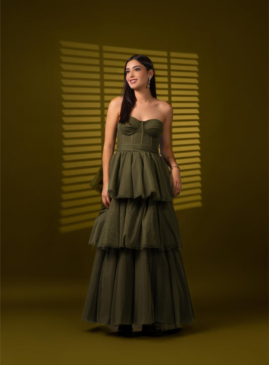 Vestido Verde Olivo Straple Olan Con Cinto