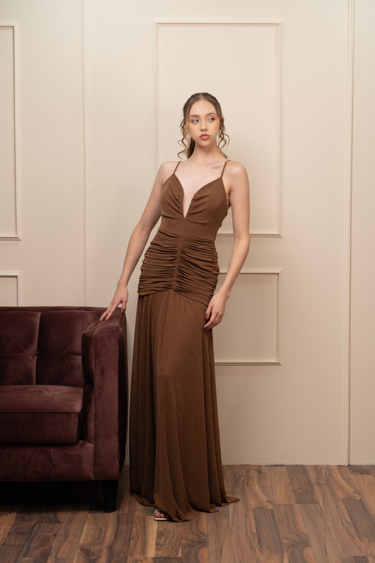 Vestido Cafe Brilloso Corrugado Tirantes