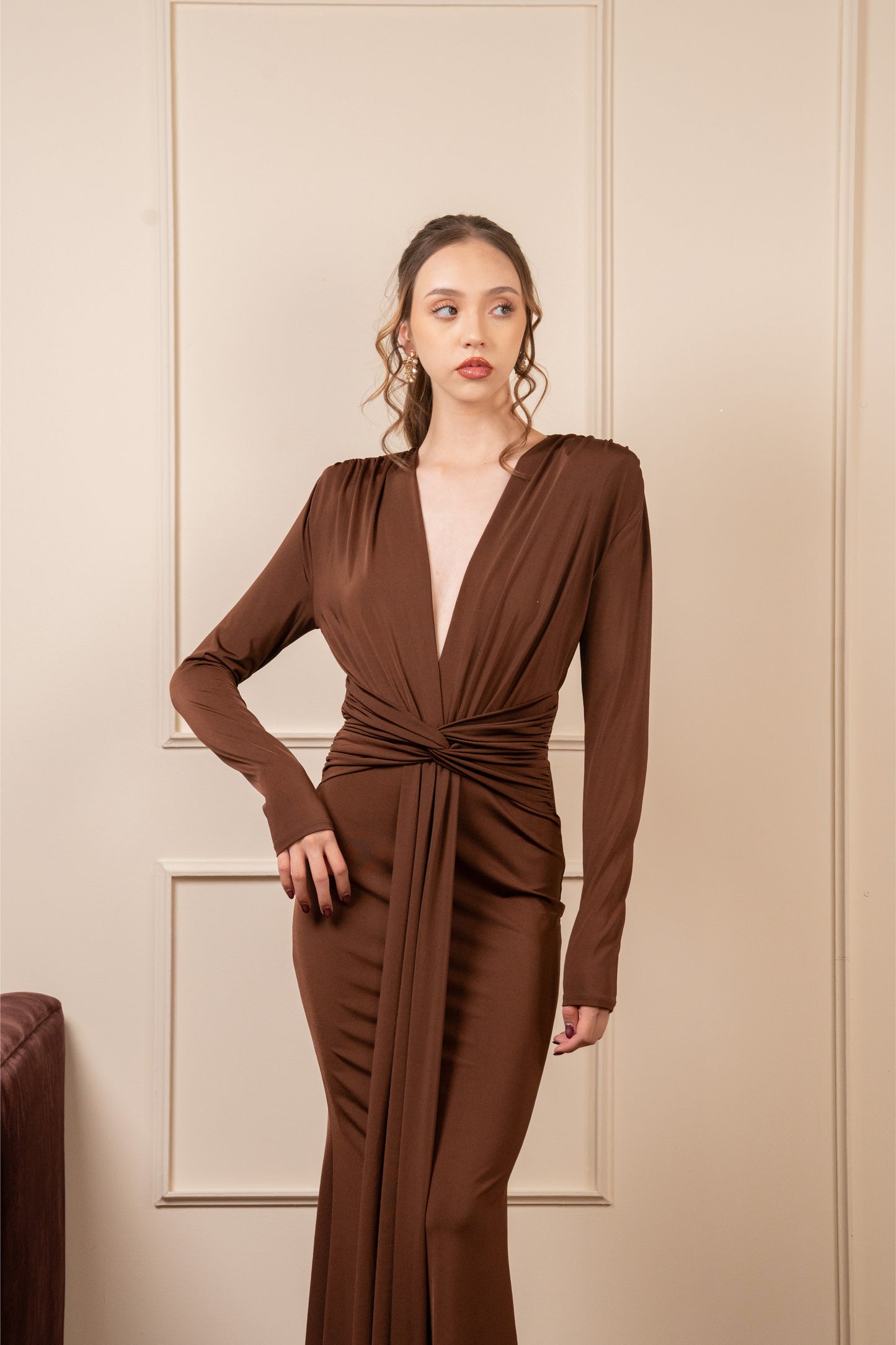 Vestido Cafe Manga Larga Corrugado En Cintura