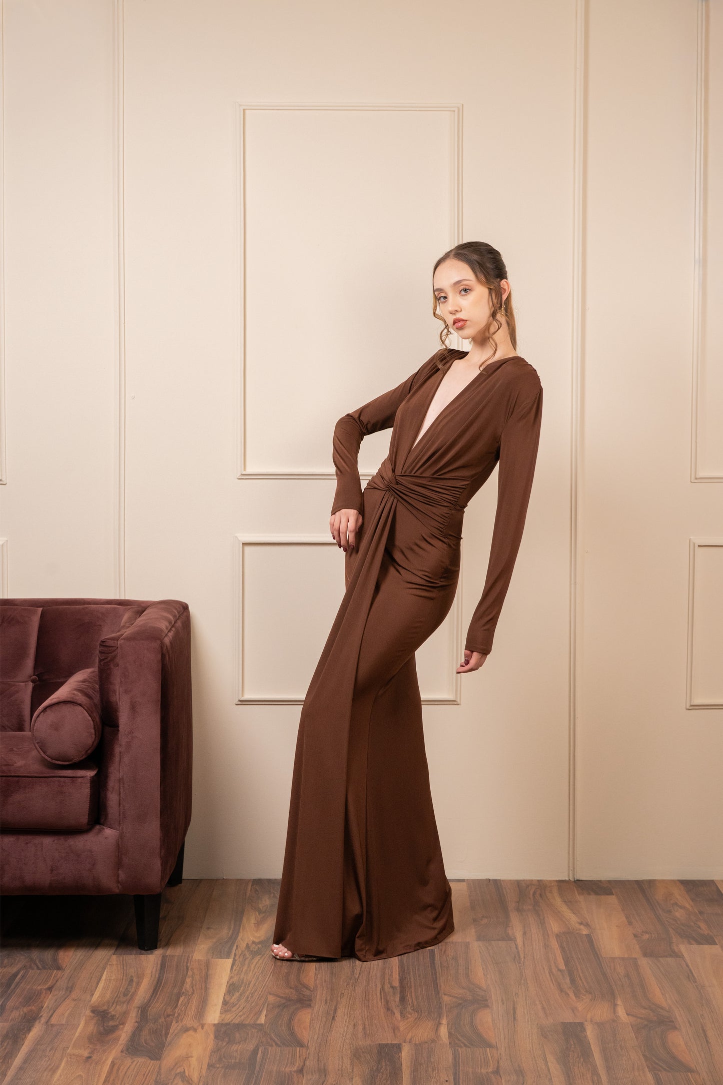 Vestido Cafe Manga Larga Corrugado En Cintura
