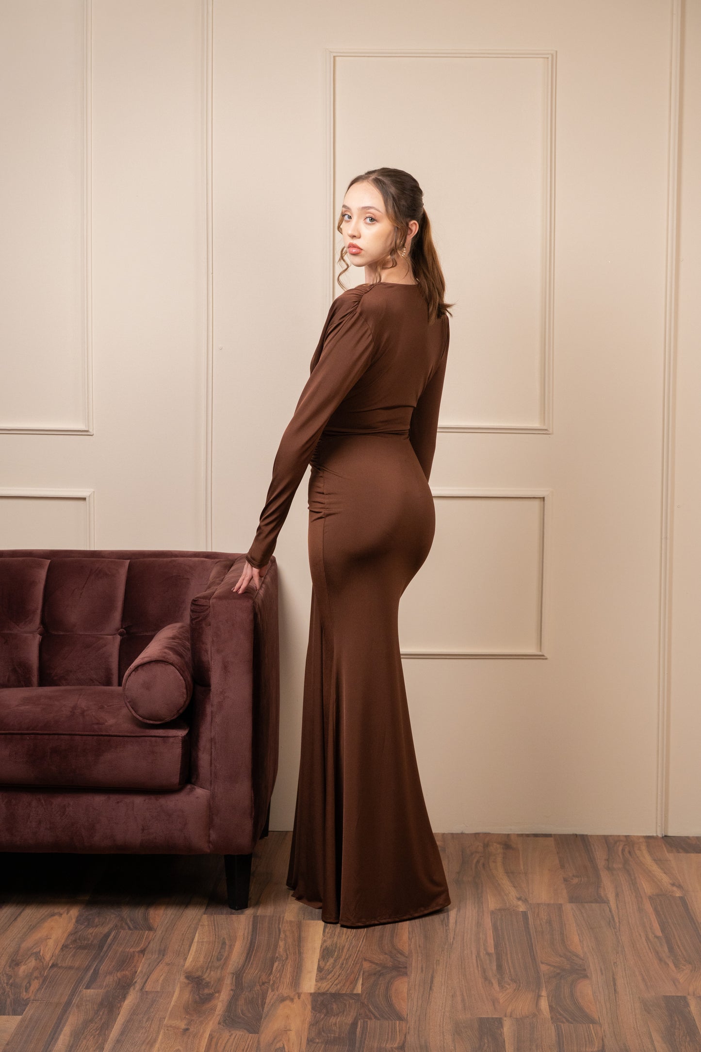 Vestido Cafe Manga Larga Corrugado En Cintura
