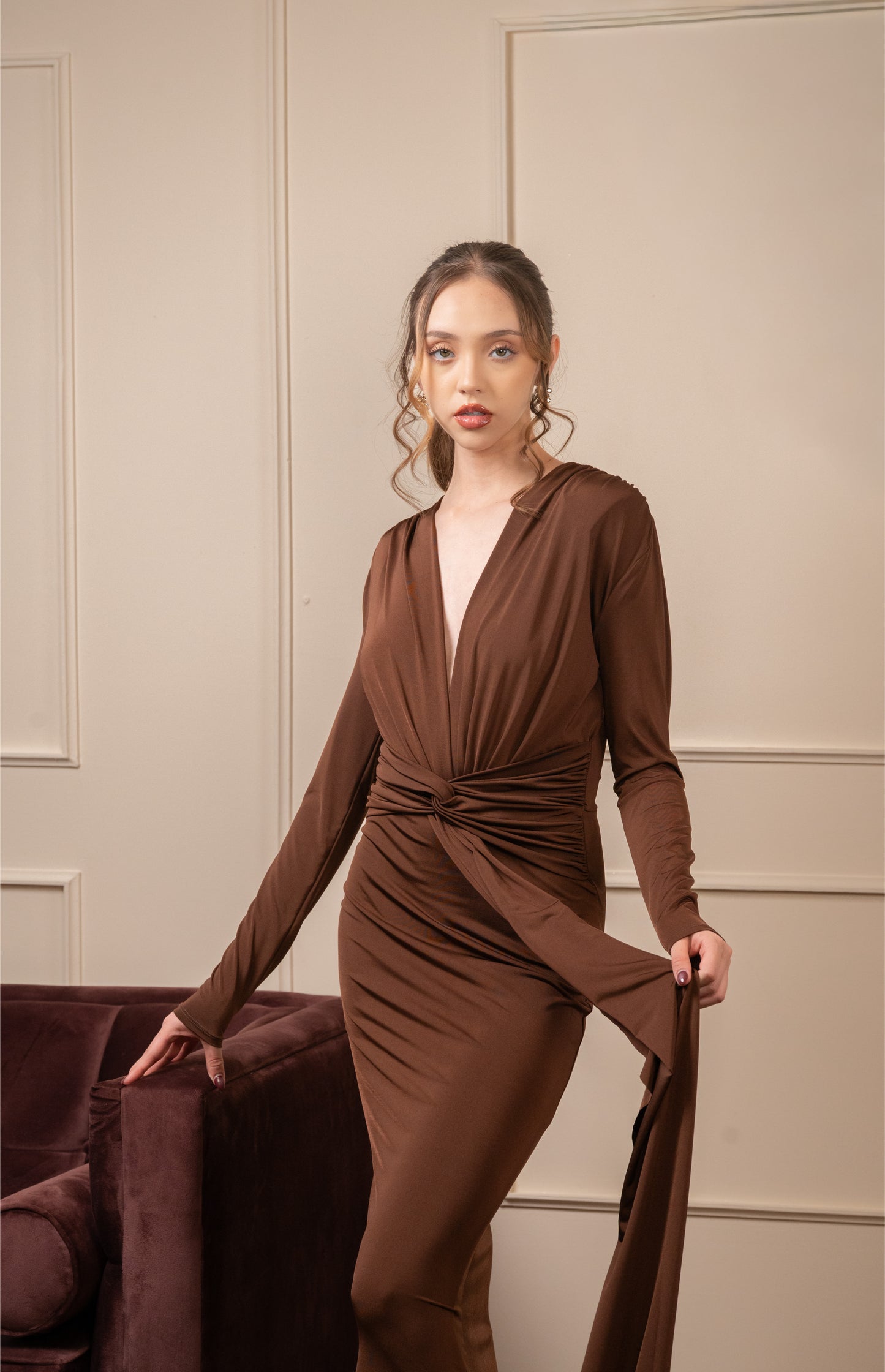Vestido Cafe Manga Larga Corrugado En Cintura