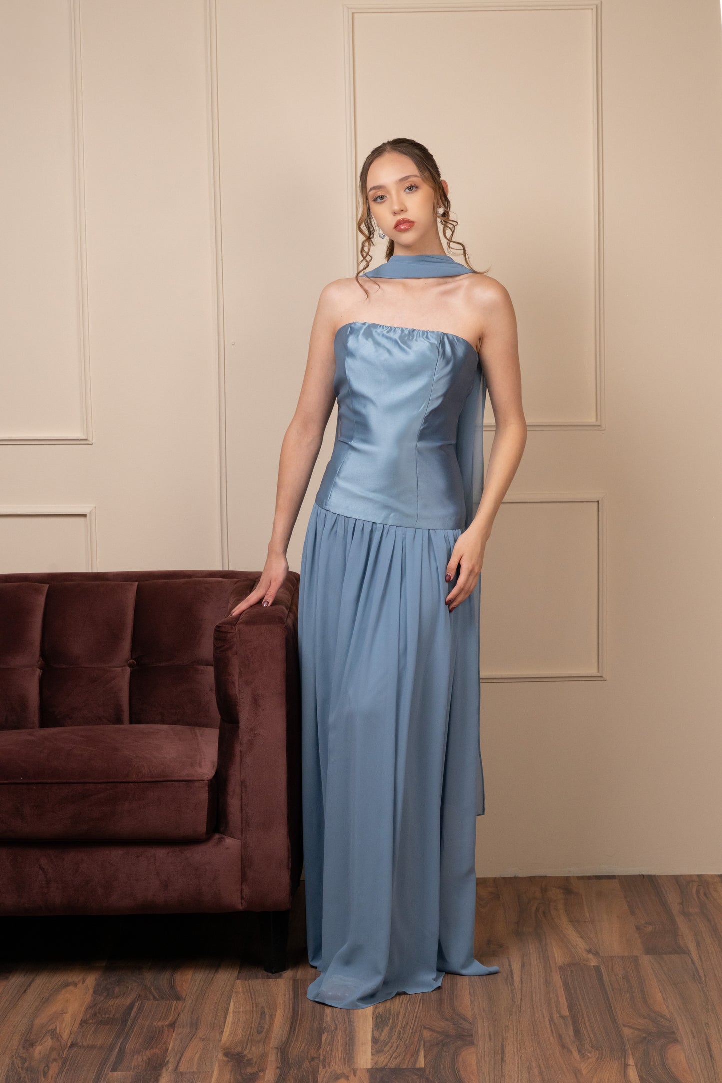 Vestido Azul Cielo Straple Corset Con Olan
