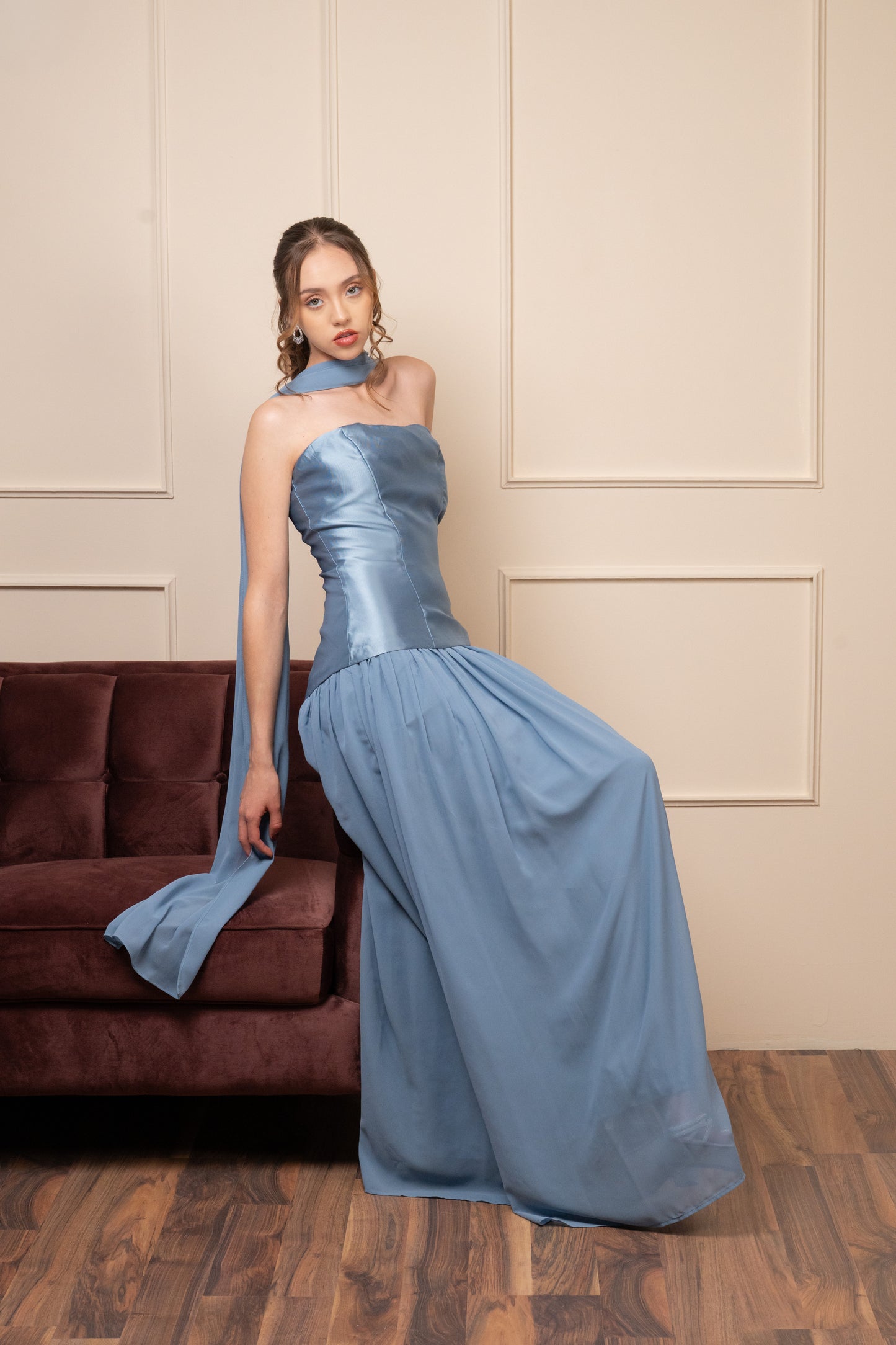 Vestido Azul Cielo Straple Corset Con Olan