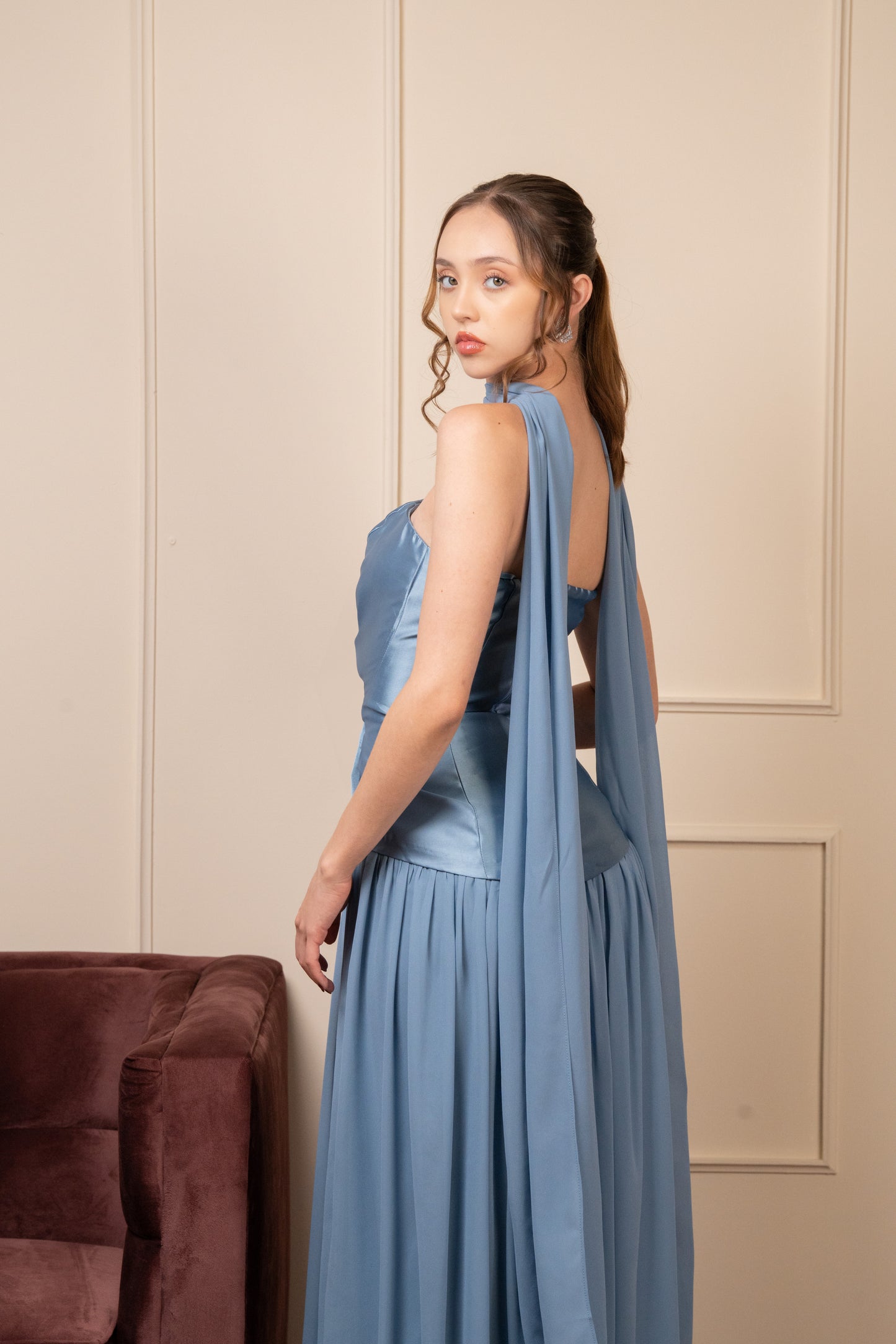 Vestido Azul Cielo Straple Corset Con Olan