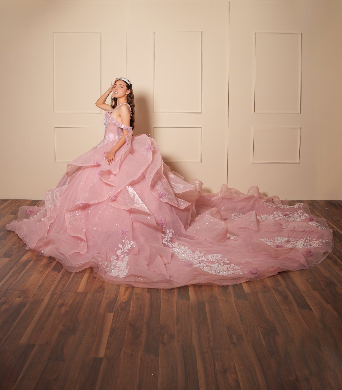 Vestido de XV Años Rosa Pedrería Blanca con Flores un Tirante y Olanes en el Cauda