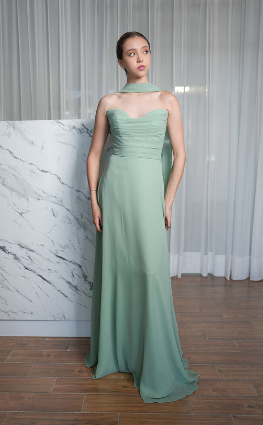 Vestido Verde Sage Straple Grapeado Corte A