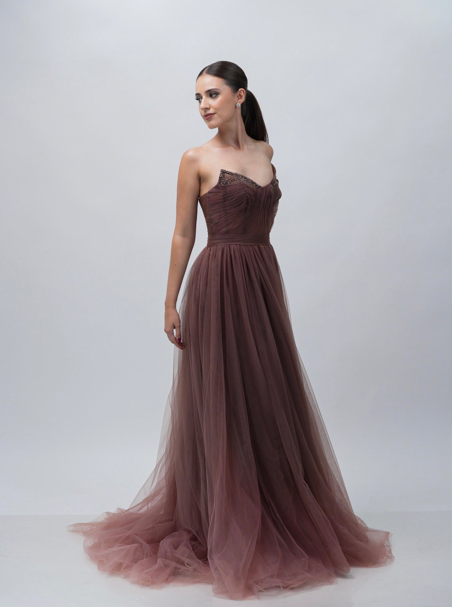 Vestido Cafe Corte Princesa una Manga Caida