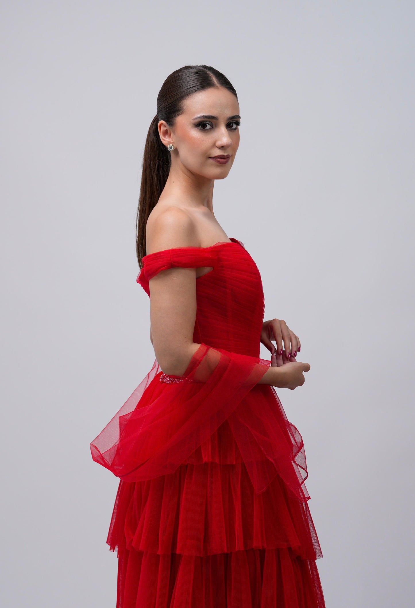Vestido Rojo Ampon Cinto De Brillos Manga Caida