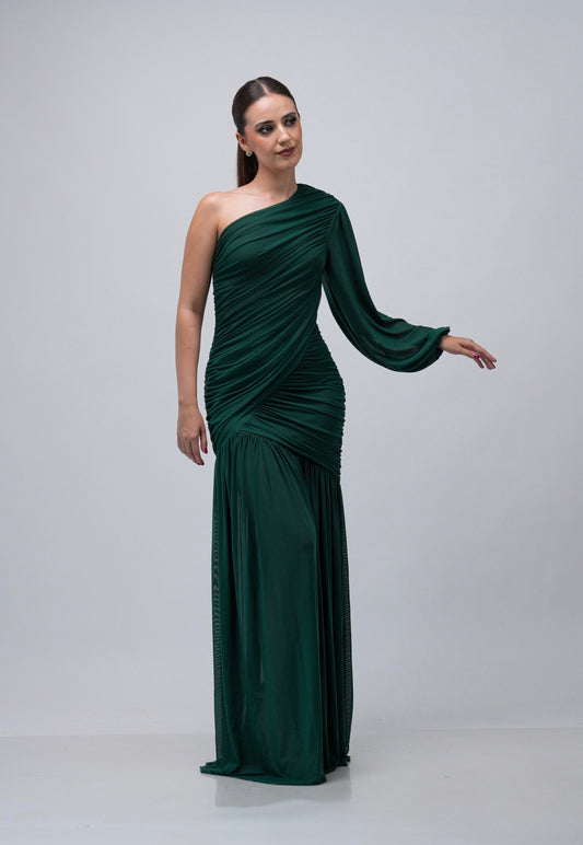 Vestido Verde Corrugado Una Manga