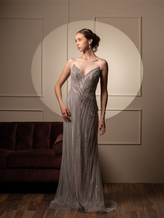 Vestido Plata Straple Corset Pedreria