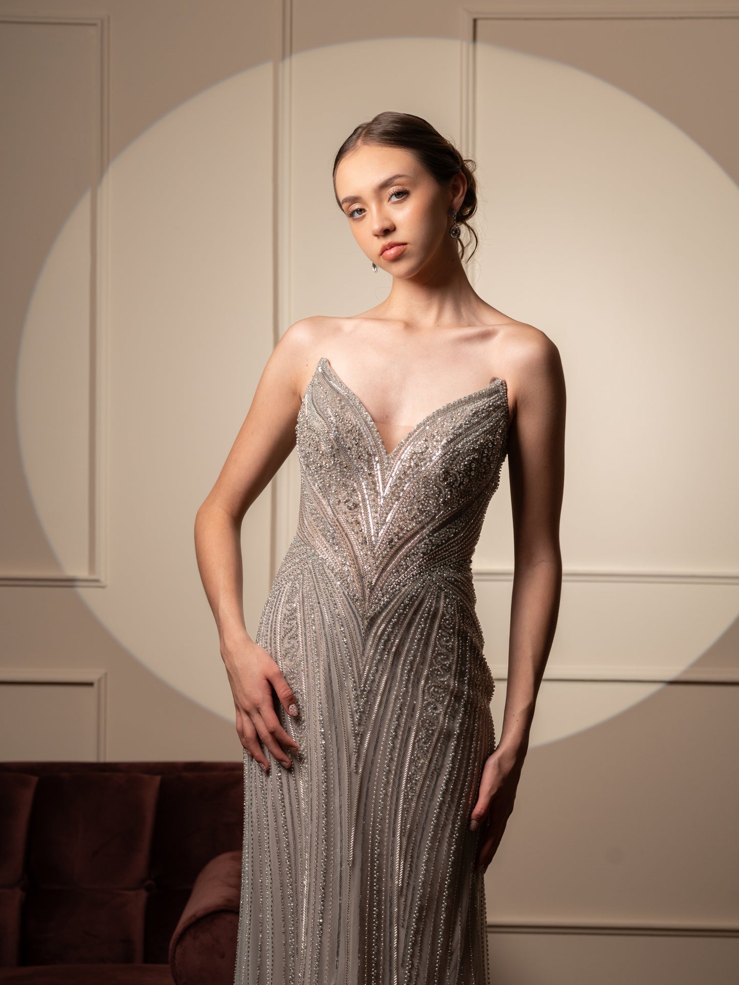 Vestido Plata Straple Corset Pedreria
