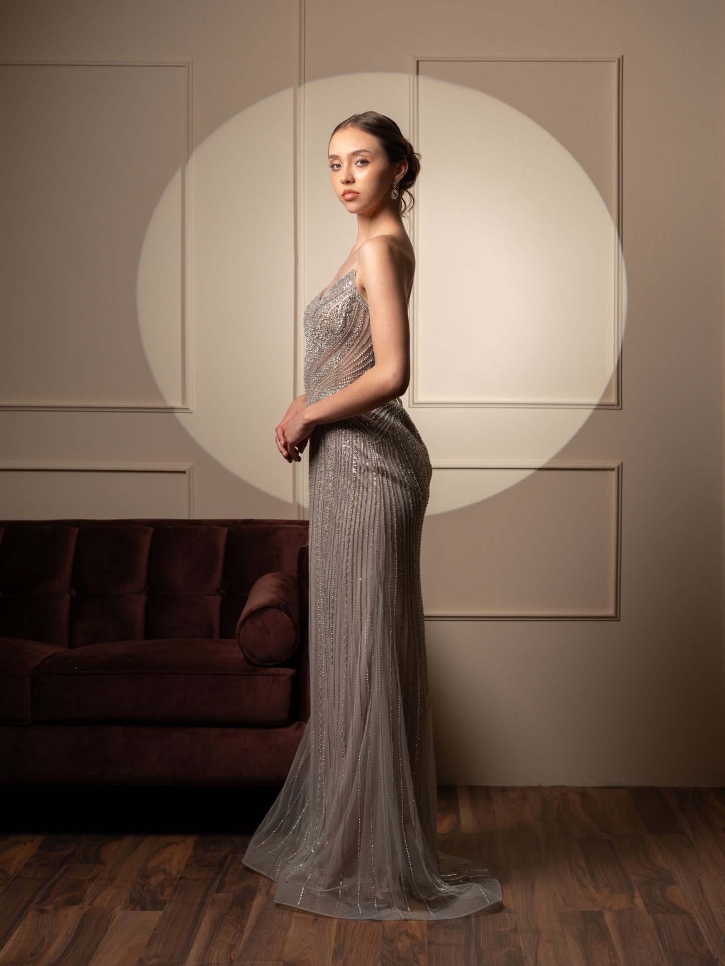 Vestido Plata Straple Corset Pedreria