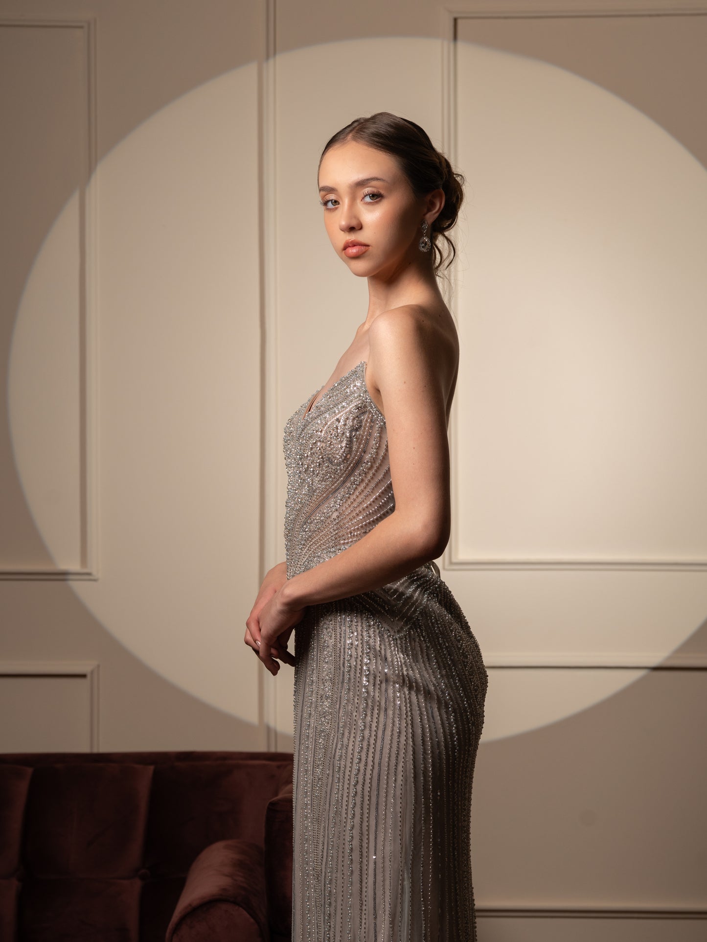 Vestido Plata Straple Corset Pedreria