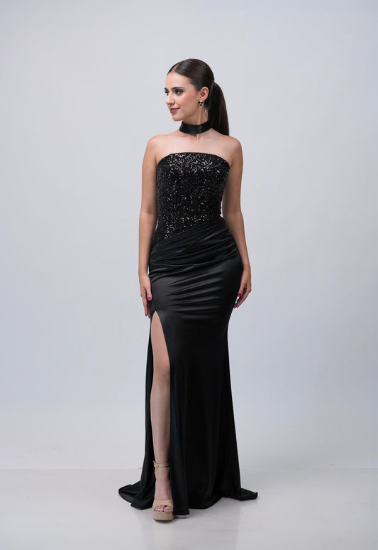 Vestido Straple Lentejuela En Pecho Falda Lisa