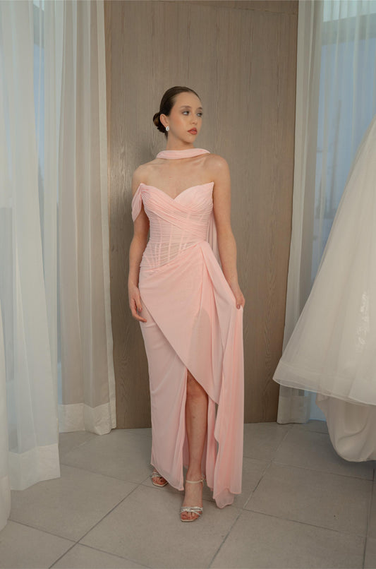 Rosa Pastel Straple Manga Caida Corrugado Suelto