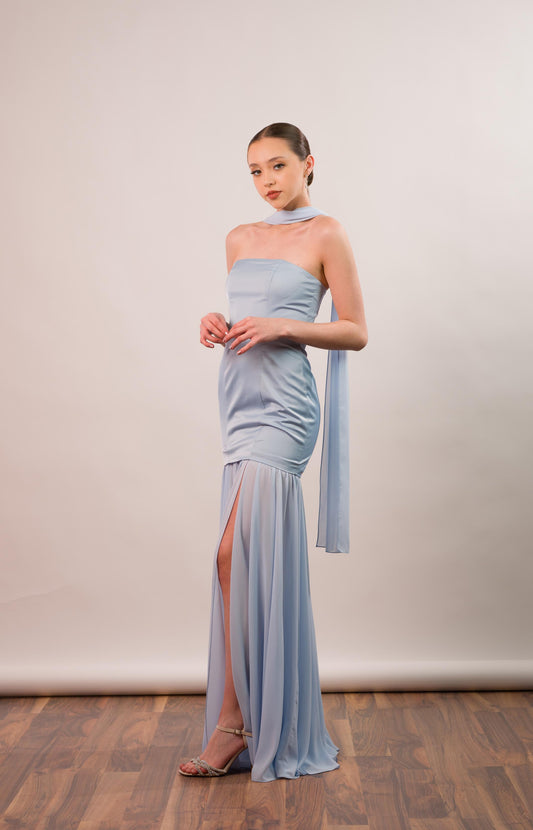 Azul Pastel Straple Falda Suelta Con Estola