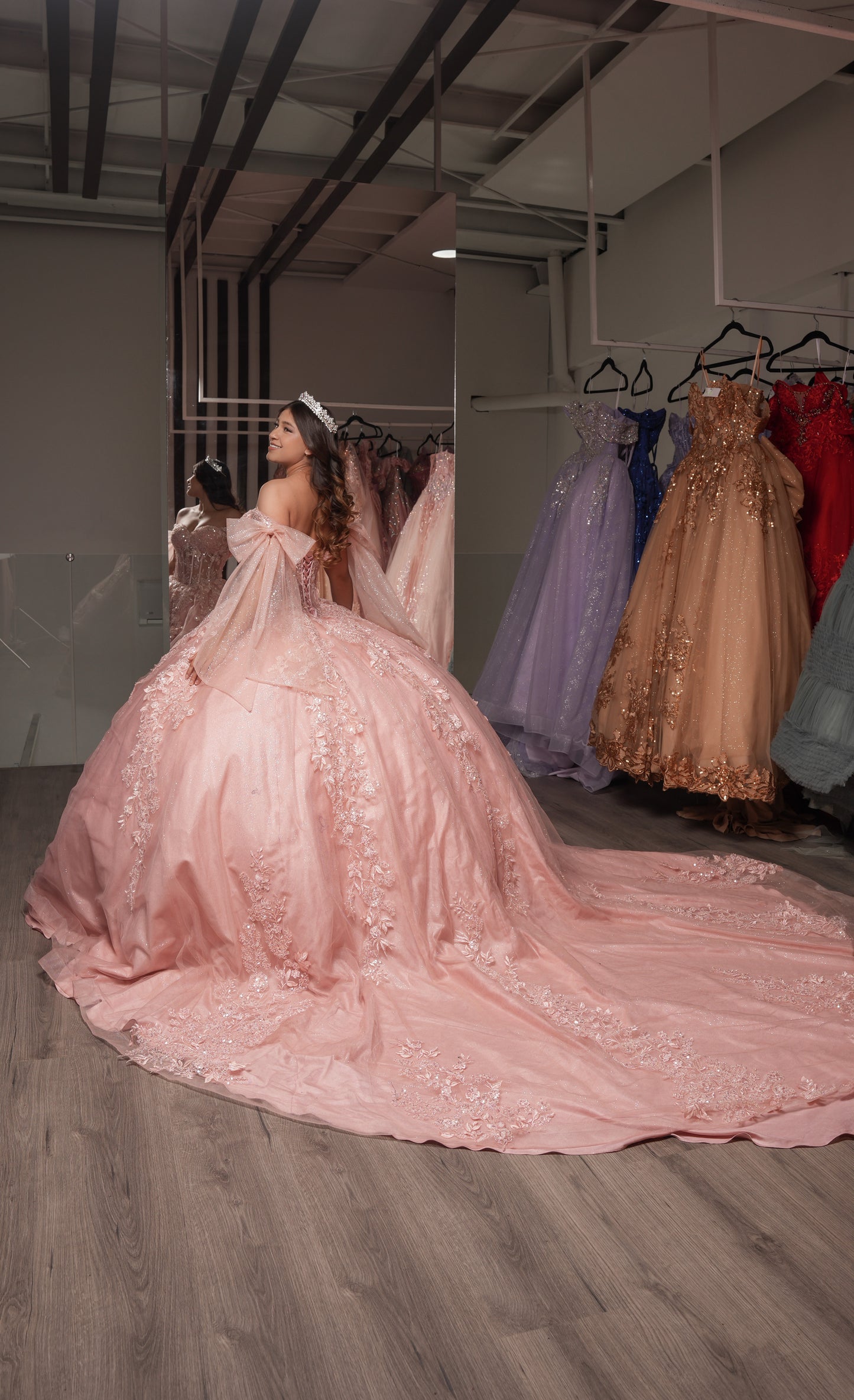 Vestido de XV Años Rosa Mauve Bordado con Mangas de Moño