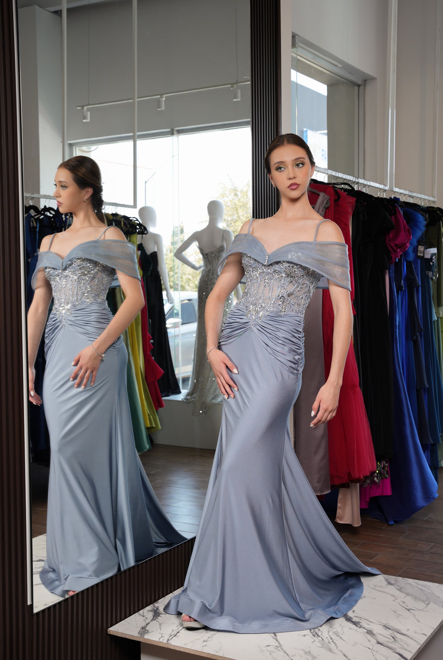 Vestido Smoky Blue Manga Con Tirante Detalle En Abdomen