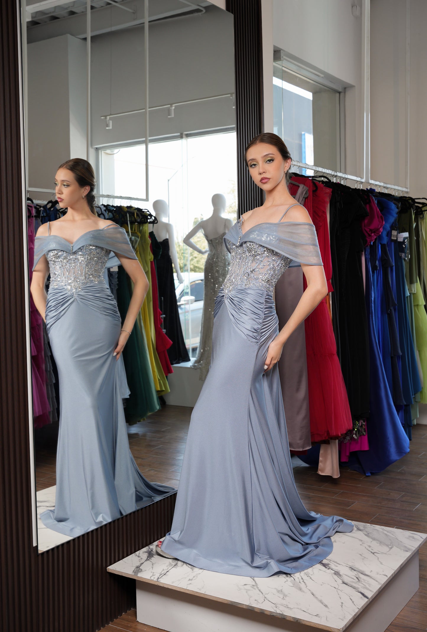 Vestido Smoky Blue Manga Con Tirante Detalle En Abdomen