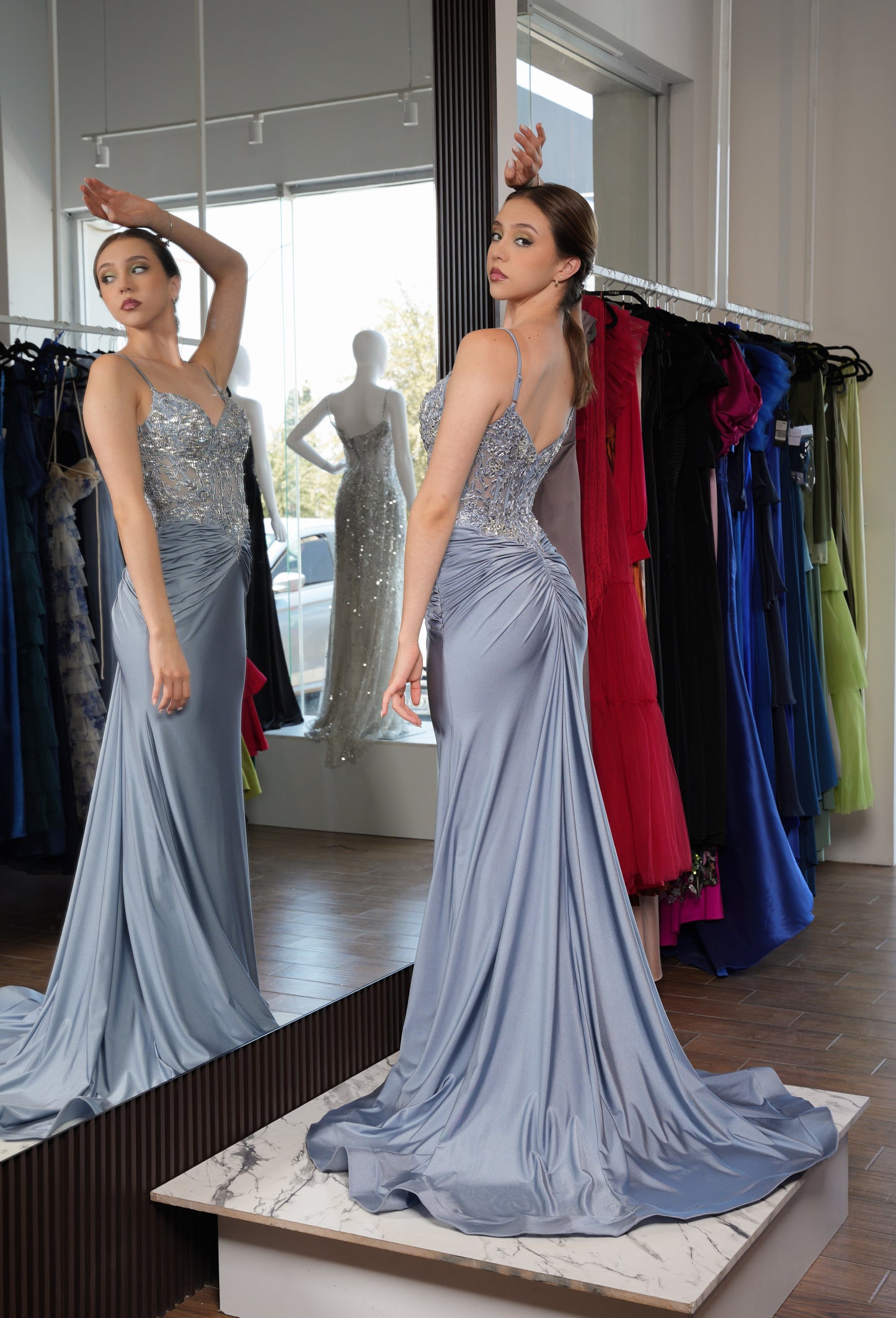 Vestido Smoky Blue Manga Con Tirante Detalle En Abdomen
