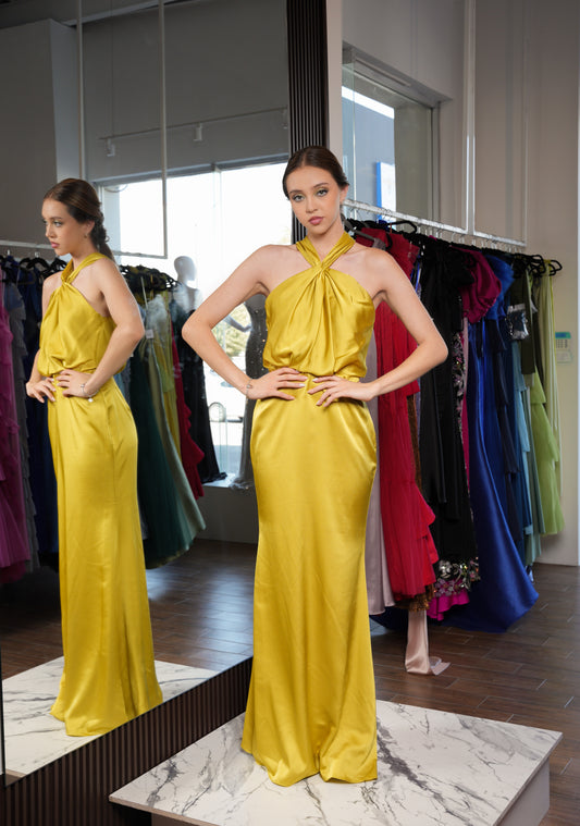 Vestido Amarillo Mostaza Satin Abdomen Cruzado