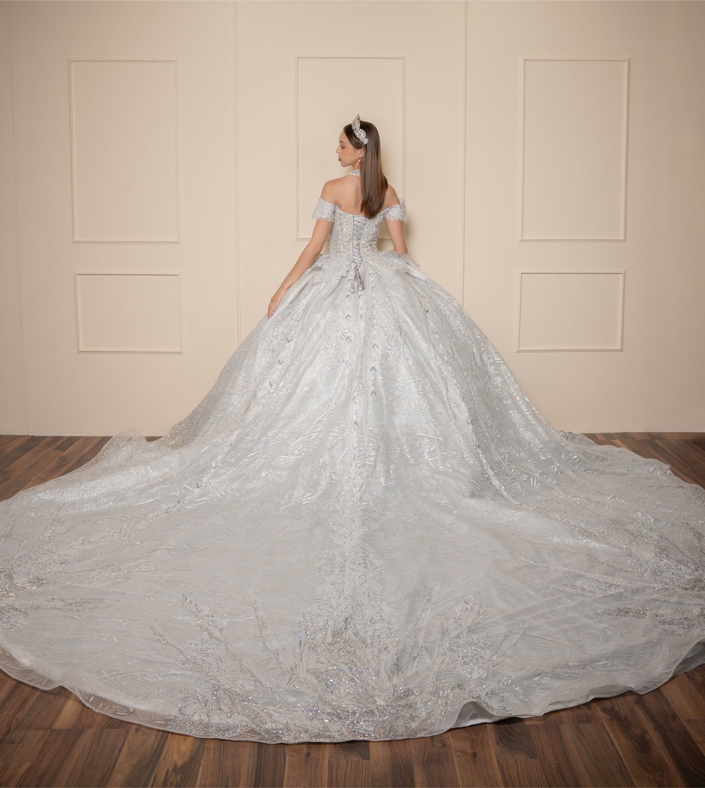 Vestido de XV Años  Vestido Plateado Glitter y Pedrería Manga Caída con Cauda