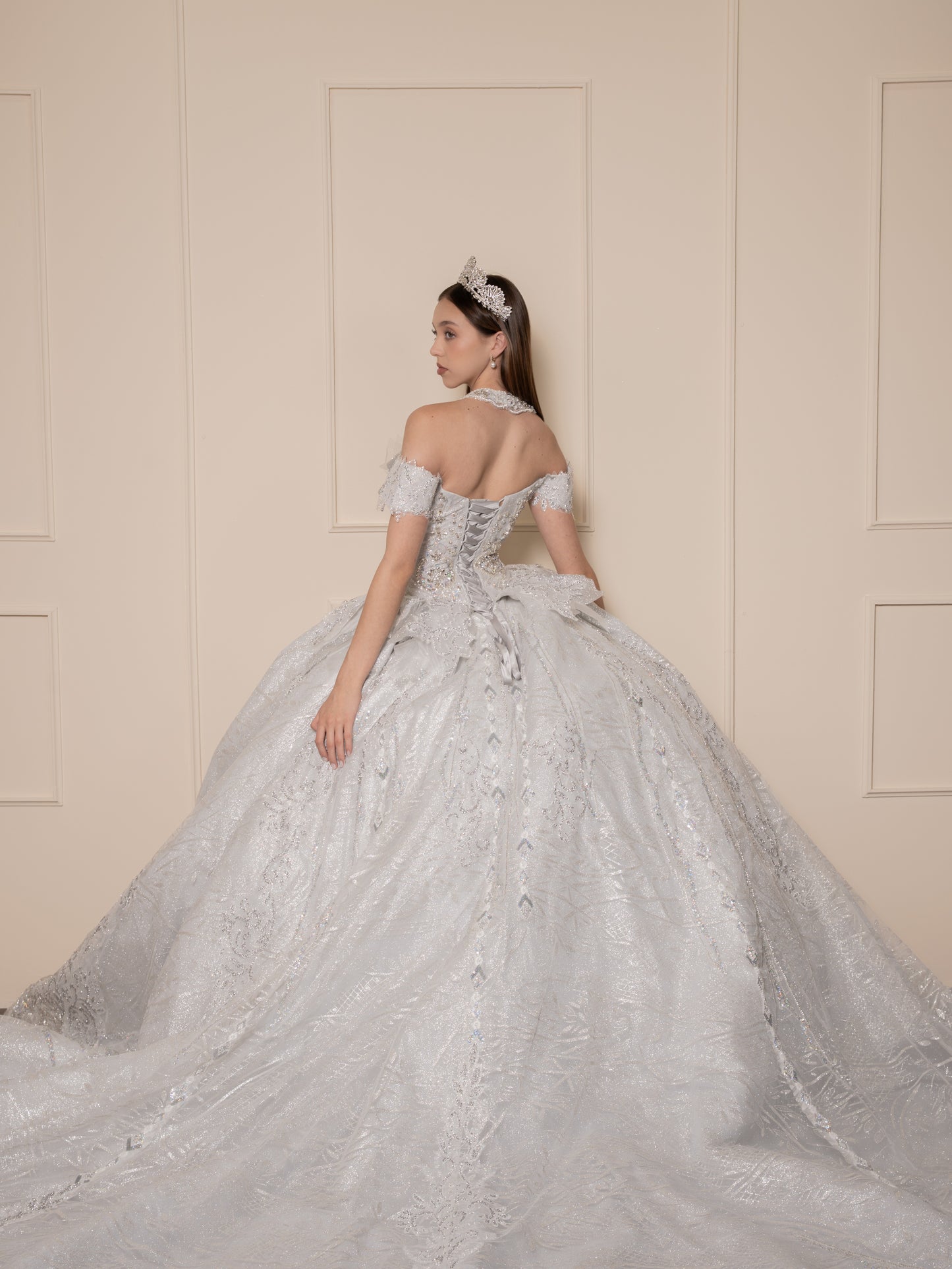 Vestido de XV Años  Vestido Plateado Glitter y Pedrería Manga Caída con Cauda