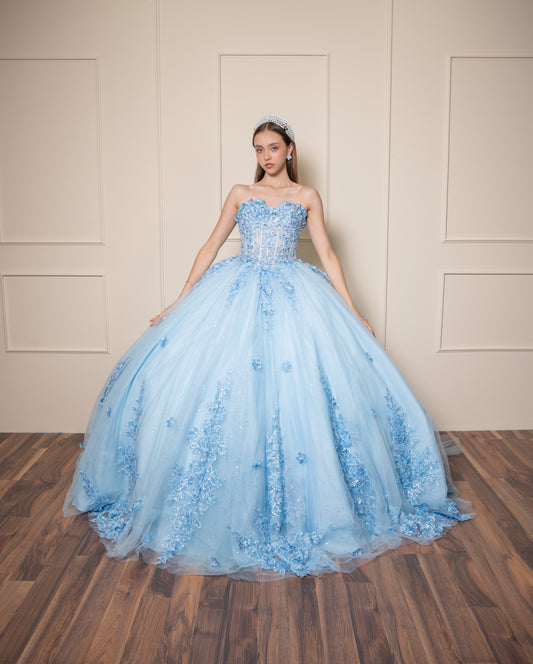 Vestido de XV Años Vestido Azul Cielo Lentejuela Tornasol Estraple