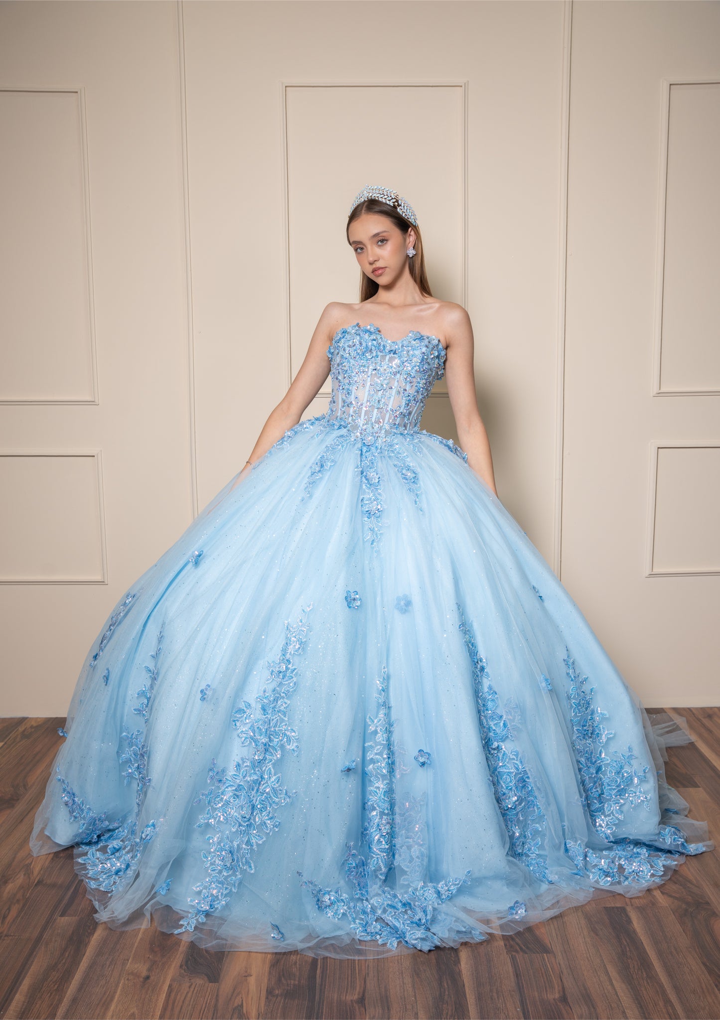 Vestido de XV Años Vestido Azul Cielo Lentejuela Tornasol Estraple