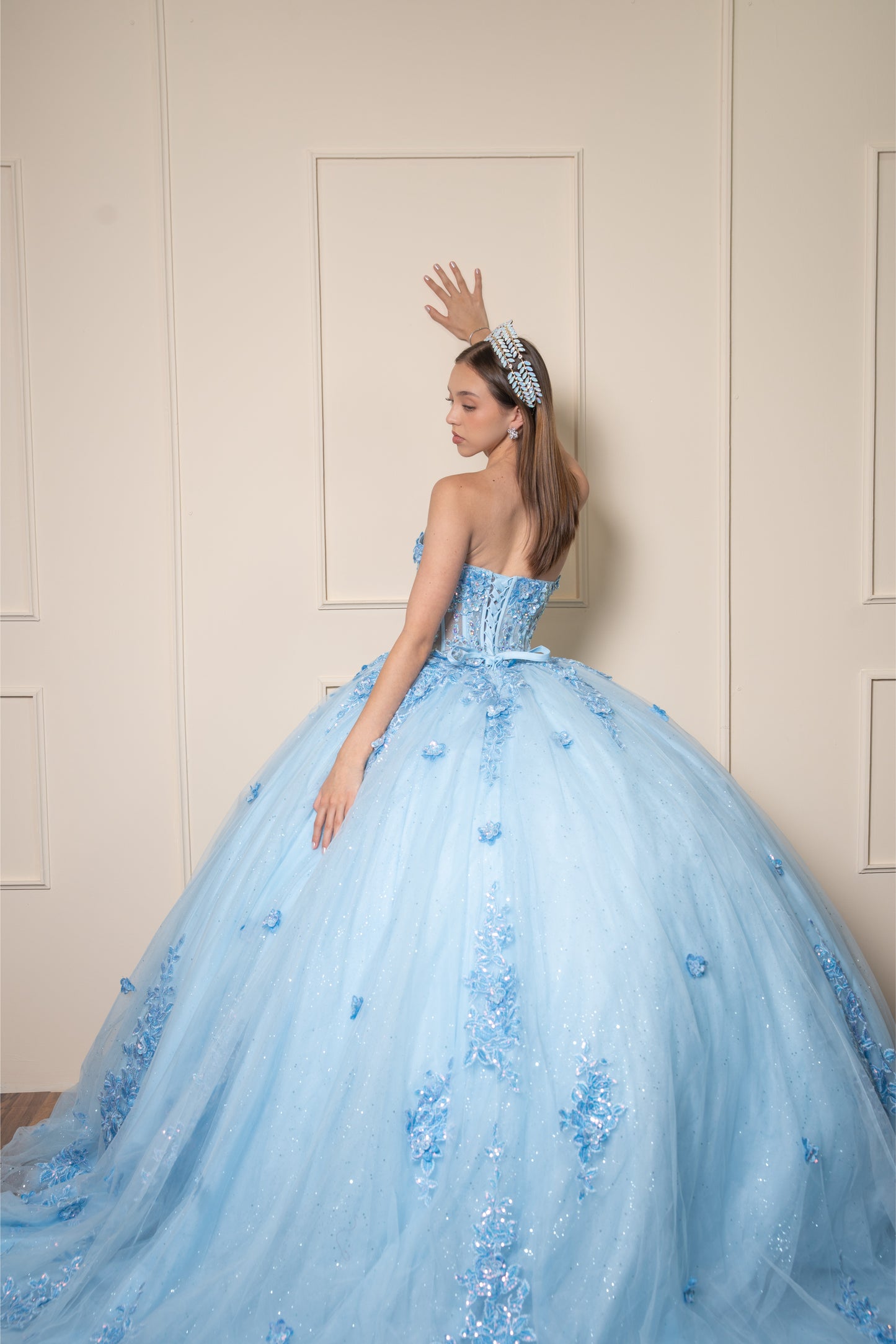 Vestido de XV Años Vestido Azul Cielo Lentejuela Tornasol Estraple